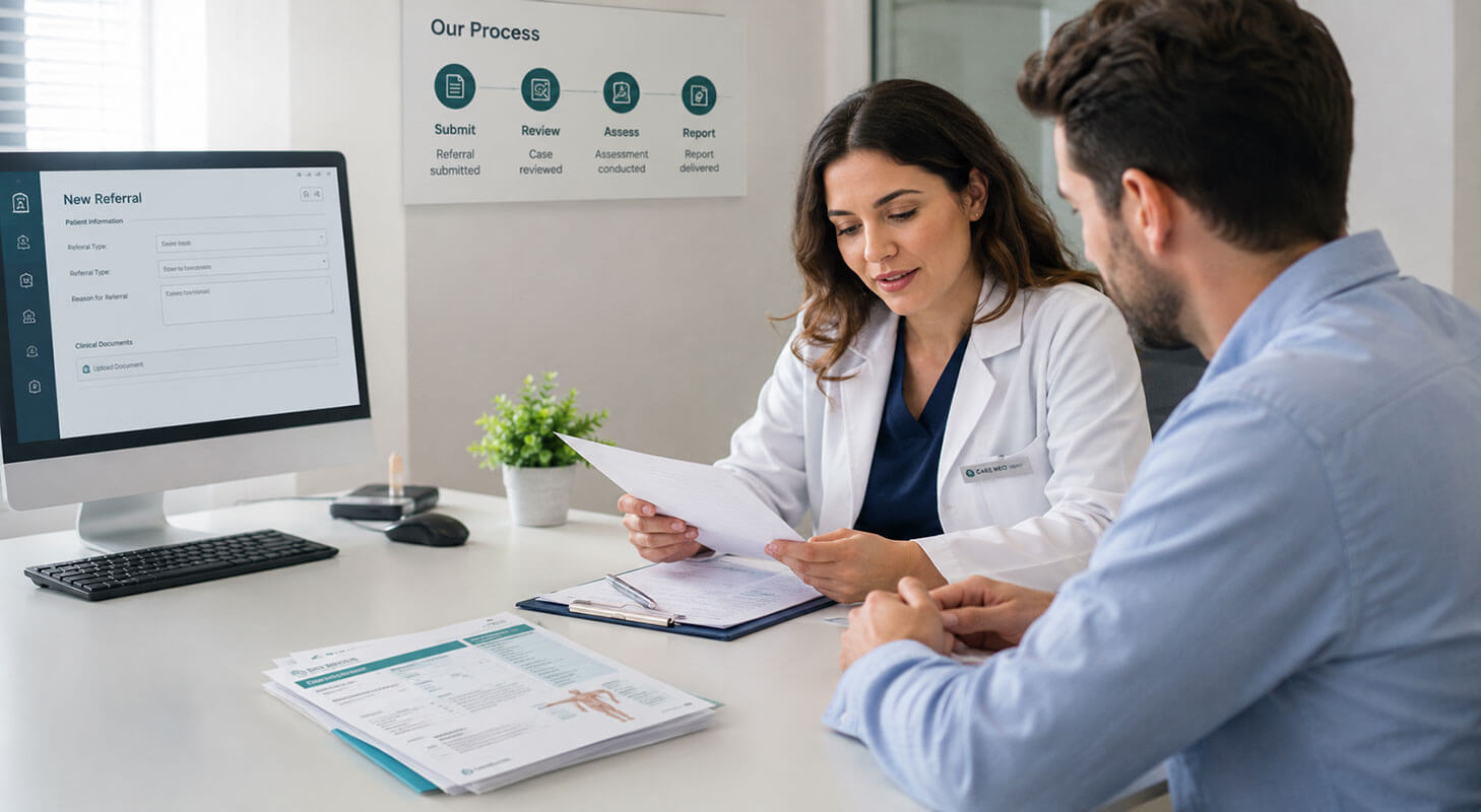 Step-by-step process flow showing how CaseMed submits and schedules a medical assessment case